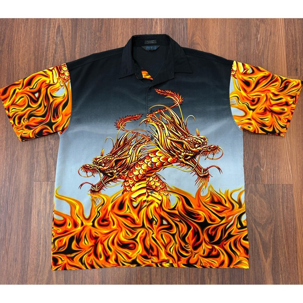 Vintage Y2K MT:2 Fire Dragon Short Sleeve Button Front Shirt Black Red Size XL